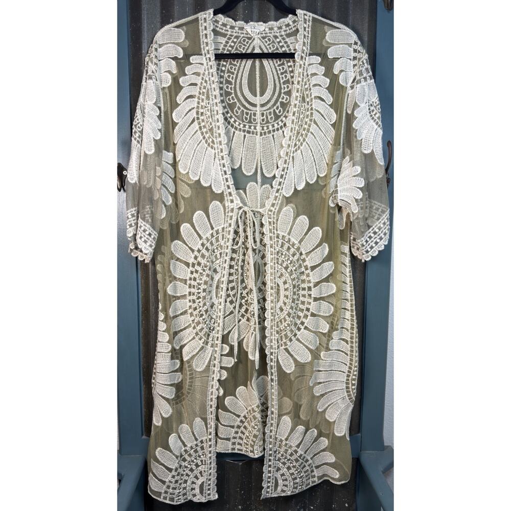 Ember Large Boho Lace Kimono Cardigan Sheer Embroidered Cover-Up Cream Green